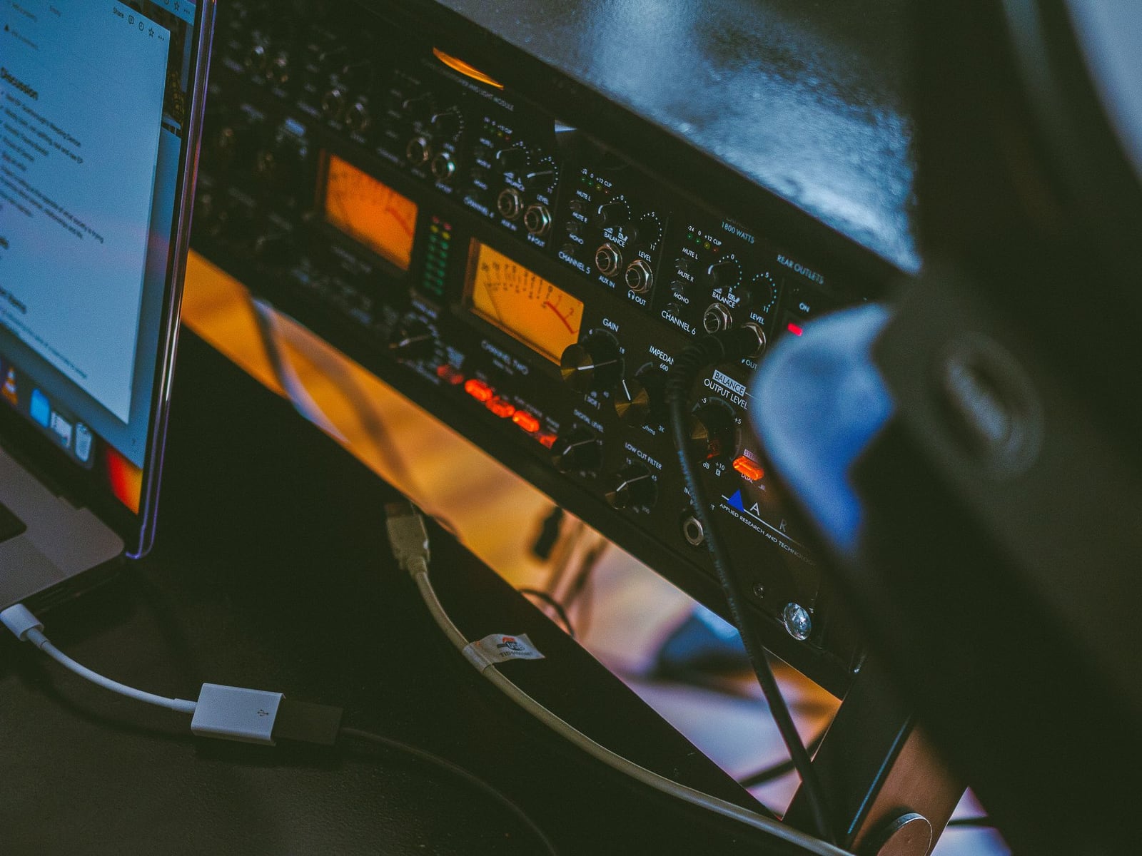 High-end audio interface and professional cabling in a clean studio environment